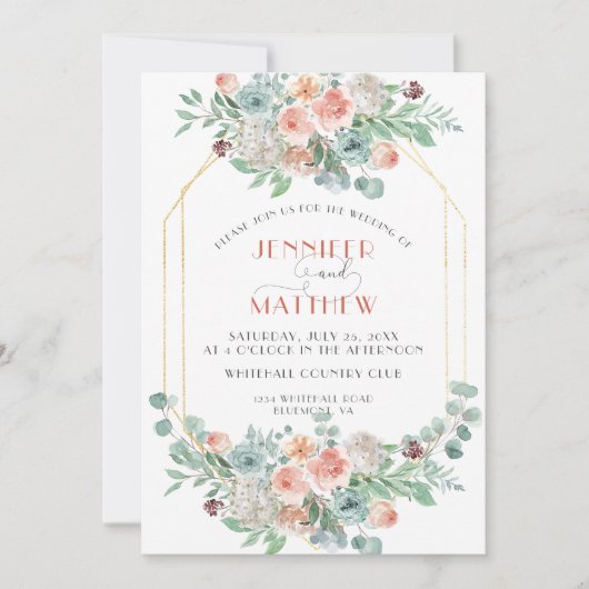 Abrikoos en Wasabi Groen Goud Geometrische Bloemen Kaart (Voorkant)