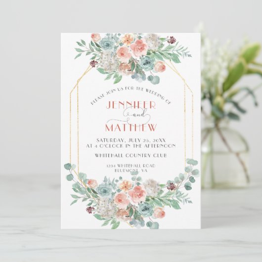 Abrikoos en Wasabi Groen Goud Geometrische Bloemen Kaart (Staand voorkant)