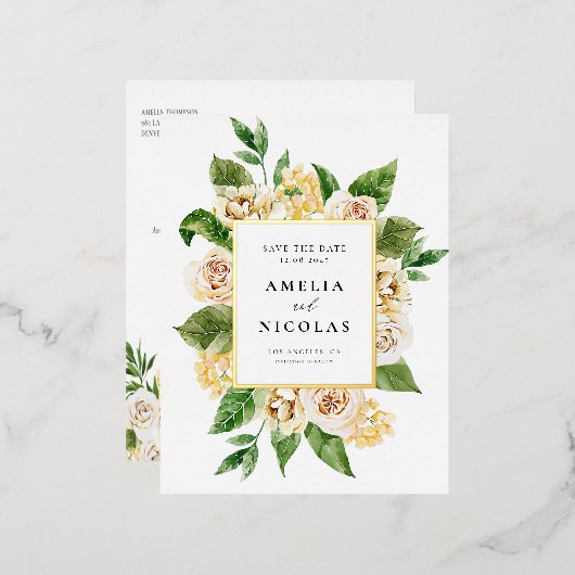 Abrikoos Engels Roos Bloemen Lijst Save the Date Folie Uitnodiging Briefkaart (Voorkant / Achterkant)