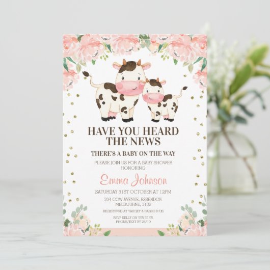 Abrikoos Floral Heard Nieuws Koe Baby shower Kaart (Staand voorkant)