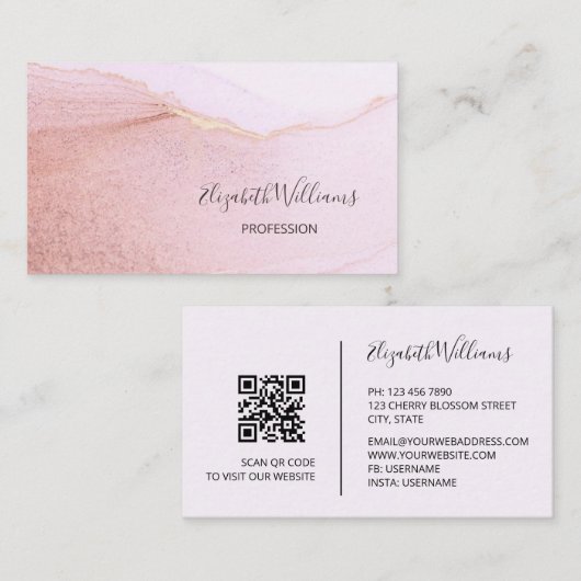 Abrikoos gouden inkt marmer | QR-code Visitekaartje (Voorkant / Achterkant)