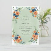 Abrikoos Indigo Wilde Bloemen Bruiloft Kaart (Staand voorkant)