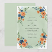Abrikoos Indigo Wilde Bloemen Bruiloft Kaart (Voorkant / Achterkant)