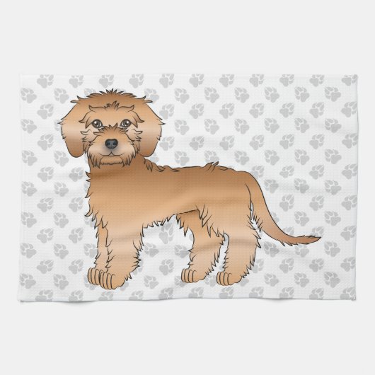 Abrikoos Mini Goldendoodle Schattige Cartoon Hond  Theedoek (Horizontaal)