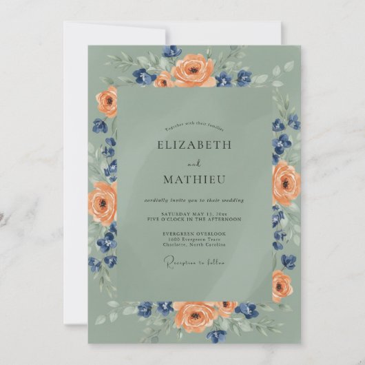 Abrikoos Navy Ranunculus Eucalyptus Bruiloft Kaart (Voorkant)