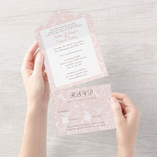 Abrikoos Perzik Kantwerk Paisley Trouw RSVP All In One Uitnodiging (Afscheurbaar)