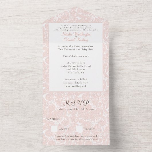 Abrikoos Perzik Kantwerk Paisley Trouw RSVP All In One Uitnodiging (Binnen)