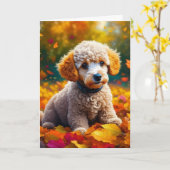 Abrikoos Poedel Puppy in Herfst bladeren Blank Kaart (Gele Bloem)