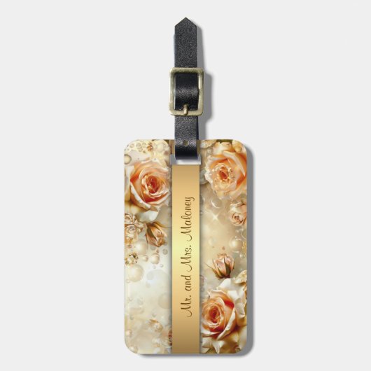 Abrikoos Rozen Glitter Gold Bagagelabel (Voorkant verticaal)