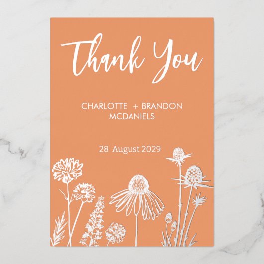 Abrikoos Wildbloemen Bruiloft Dank u Goud Folie Uitnodiging (Voorkant)