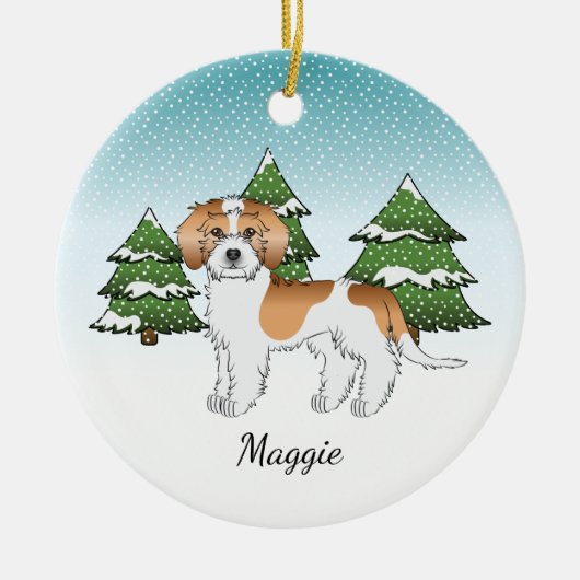 Abrikoos & Witte Mini Goldendoodle Winterbos Keramisch Ornament (Voorkant)