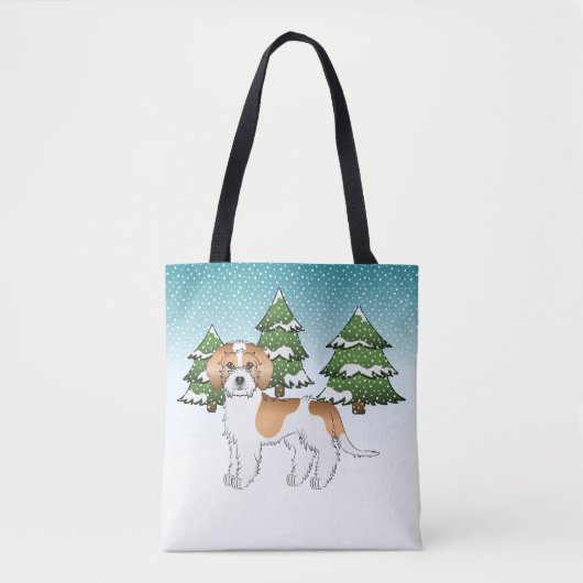 Abrikoos & Witte Mini Goldendoodle Winterbos Tote Bag (Voorkant)