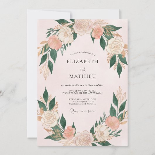 Abrikozen Crème Ranunculus Eucalyptus Bruiloft Kaart (Voorkant)