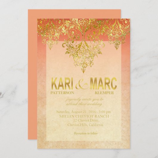 Abrikozen en Gatsby Glitter Flourish Wedding Kaart (Voorkant / Achterkant)