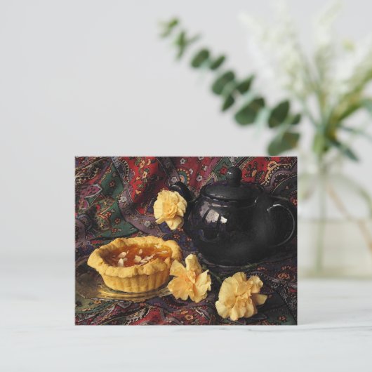 Abrikozen kunst met theepot en anjers briefkaart (Staand voorkant)