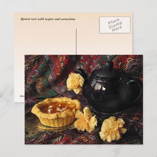 Abrikozen kunst met theepot en anjers briefkaart (Voorkant / Achterkant)