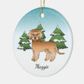 Abrikozen Mini Goldendoodle - Winterbos & Naam Keramisch Ornament (Links)