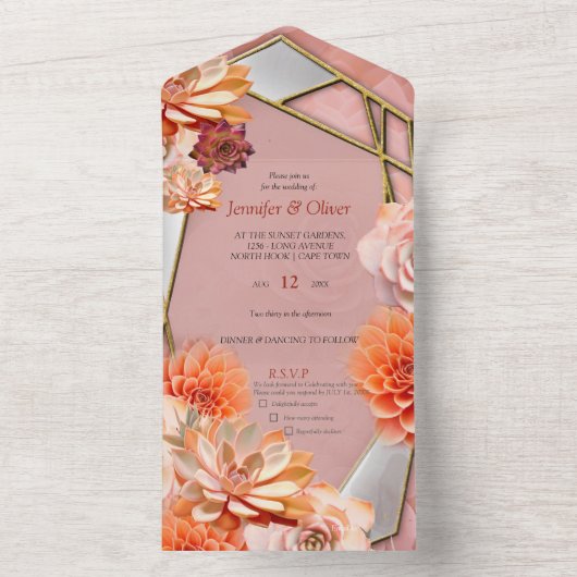 Abrikozencrush kleur 2024 met vetplanten all in one uitnodiging (Binnen)