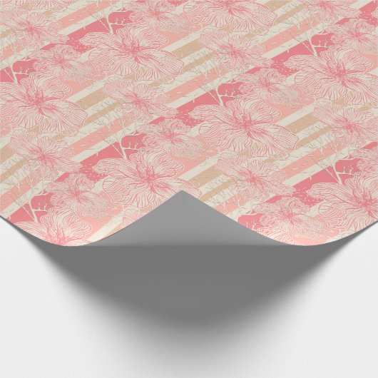 Abrikozenperzik roze bloemig gestreept patroon cadeaupapier (Hoek)