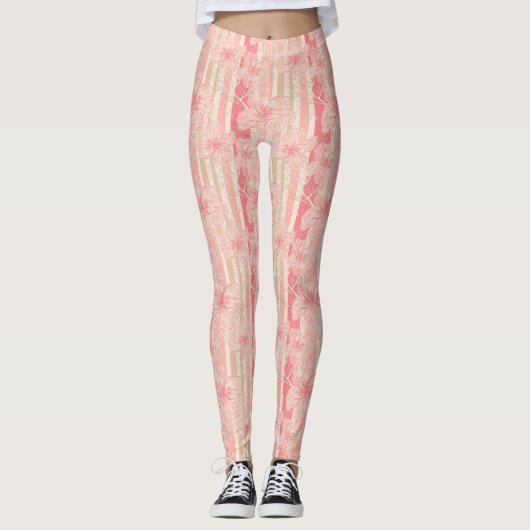Abrikozenperzik roze bloemig gestreept patroon leggings (Voorkant)
