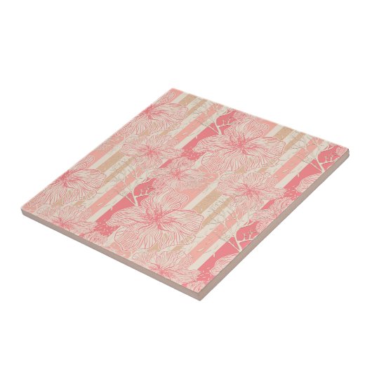 Abrikozenperzik roze bloemig gestreept patroon tegeltje (Zijkant)