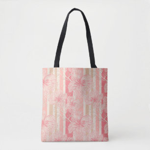 Abrikozenperzik roze bloemig gestreept patroon tote bag