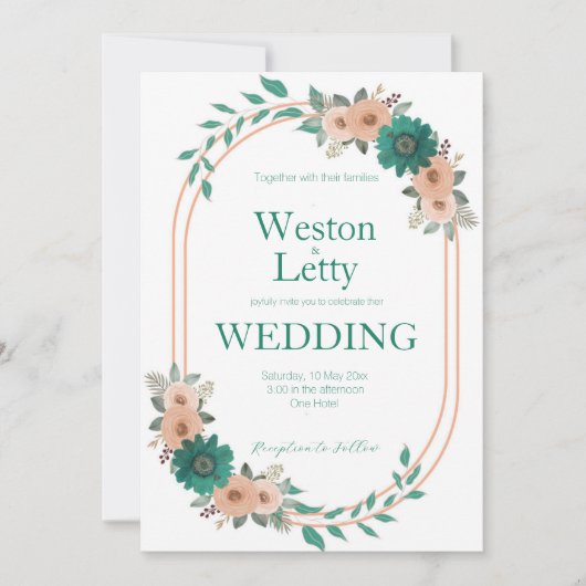 Abrikozenperzik Smaragd Eenvoudige bruiloft uitnod Kaart (Voorkant)