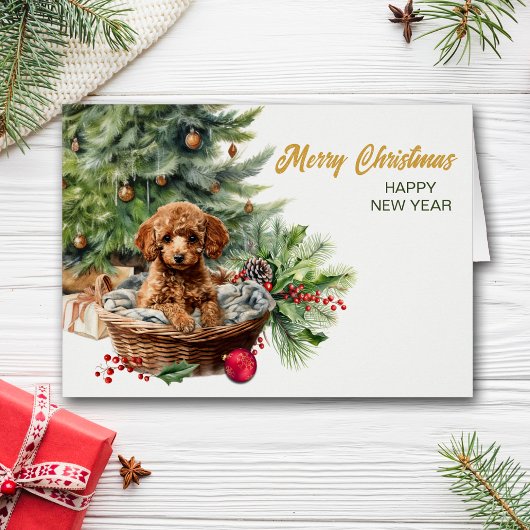 Abrikozenpoedel puppy hond rieten mand kerst