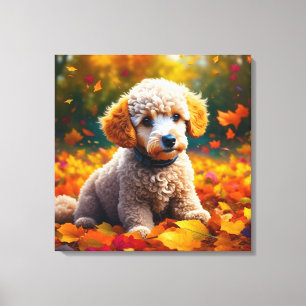 Abrikozenpuppy in herfstbladeren canvas afdruk