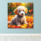 Abrikozenpuppy in herfstbladeren canvas afdruk (Insitu (Houten vloer))