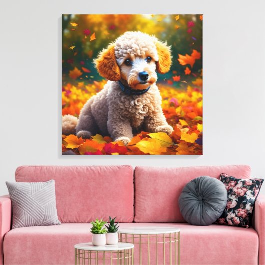 Abrikozenpuppy in herfstbladeren canvas afdruk (Insitu (Woonkamer))