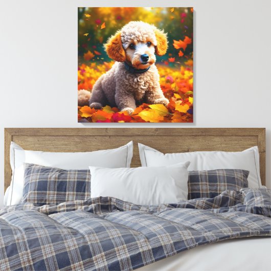 Abrikozenpuppy in herfstbladeren canvas afdruk (Insitu (Slaapkamer))