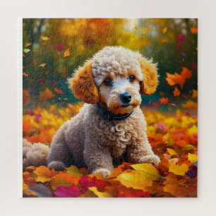 Abrikozenpuppy in herfstbladeren legpuzzel