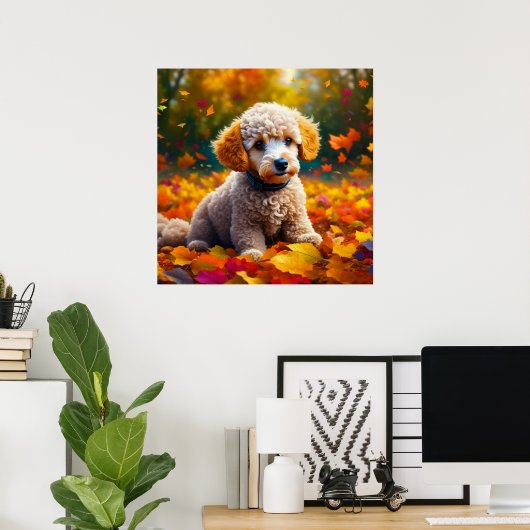 Abrikozenpuppy in herfstbladeren poster (Thuiskantoor)