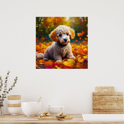 Abrikozenpuppy in herfstbladeren poster (Keuken)