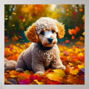 Abrikozenpuppy in herfstbladeren poster