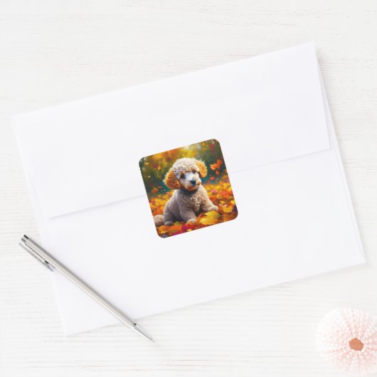 Abrikozenpuppy in herfstbladeren vierkante sticker (Envelop)