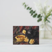 Abrikozentaart met theepot en anjers ATC Visitekaartje (Staand voorkant)