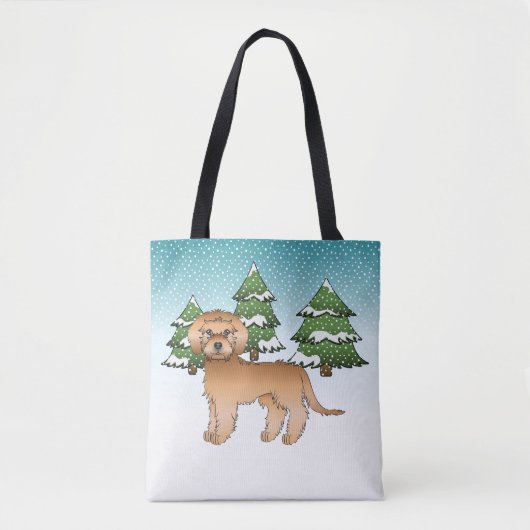 Abriot mini Goldendoedle Dog in een winterbos Tote Bag (Voorkant)