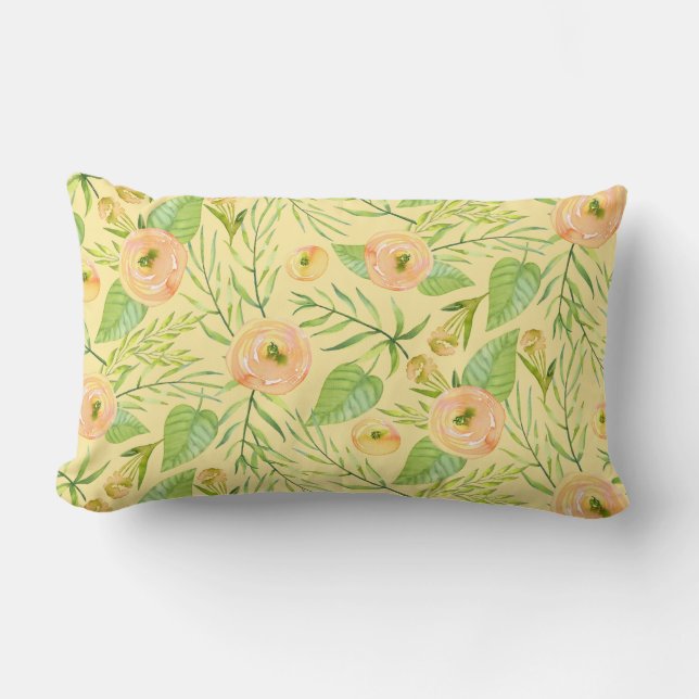 Abriot Peony Floral Waterverf Lumbar Pillow Kussen (Voorkant)