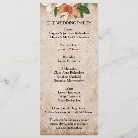 Abrique Lilies Wedding Programme Programmakaart (Achterkant)