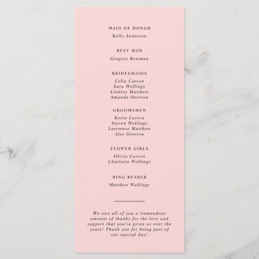 Absolute Klassiek Script Roze en Zwart Bruiloft Programmakaart (Achterkant)