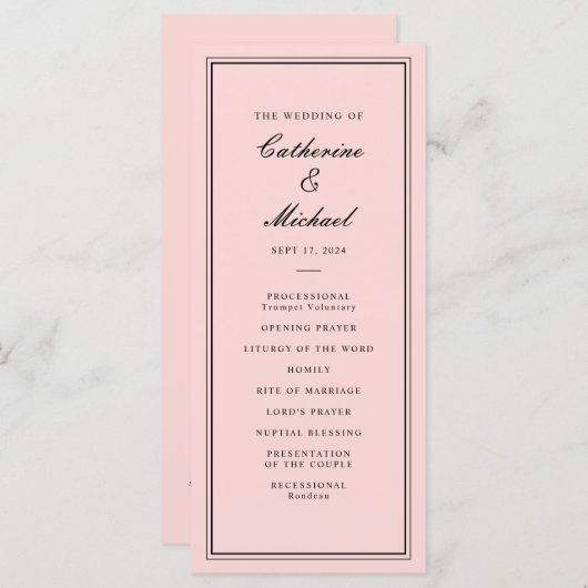 Absolute Klassiek Script Roze en Zwart Bruiloft Programmakaart (Voorkant / Achterkant)