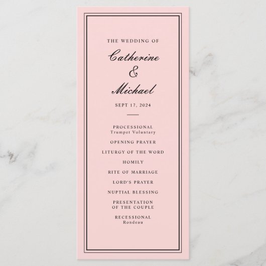 Absolute Klassiek Script Roze en Zwart Bruiloft Programmakaart (Voorkant)