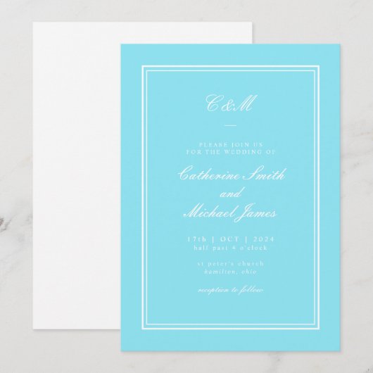 Absolute Klassieke Heldere Aqua Monogram Bruiloft Kaart (Voorkant / Achterkant)