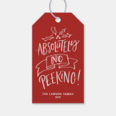 Absoluut geen gluren belettering rode kerst cadeaulabel (Voorkant)