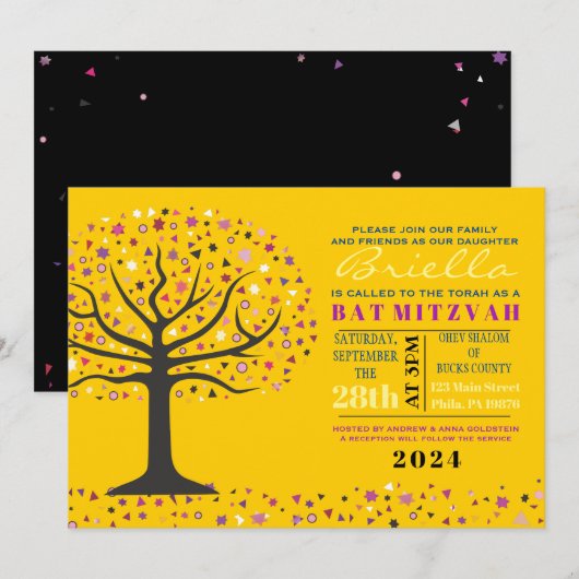 Abstact Tree of Life Bat Mitzvah Invitation Gold Kaart (Voorkant / Achterkant)