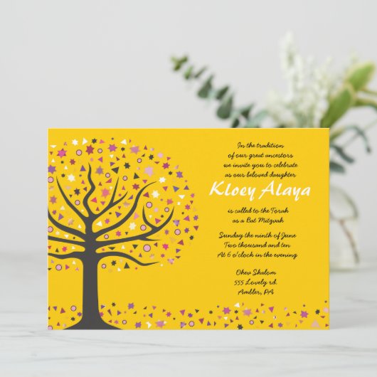 Abstact Tree of Life Bat Mitzvah Invitation Gold Kaart (Staand voorkant)
