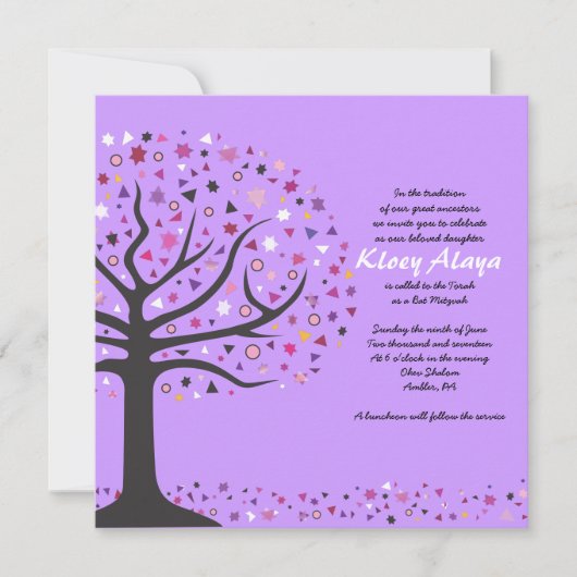 Abstact Tree of Life Bat Mitzvah Invitation Paars Kaart (Voorkant)