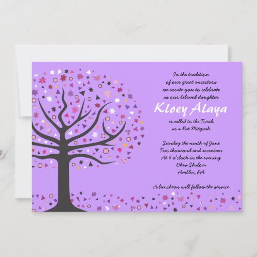 Abstact Tree of Life Bat Mitzvah Invitation Paars Kaart (Voorkant)